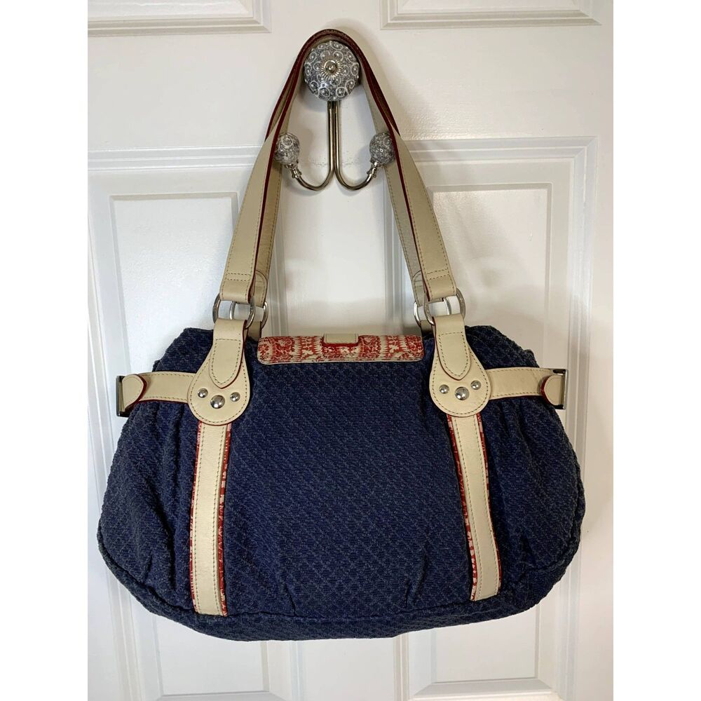 Longchamp RARE Idole Canvas Fabric and Leather Blue Floral Satchel Shoulder Bag - Picture 2 of 14